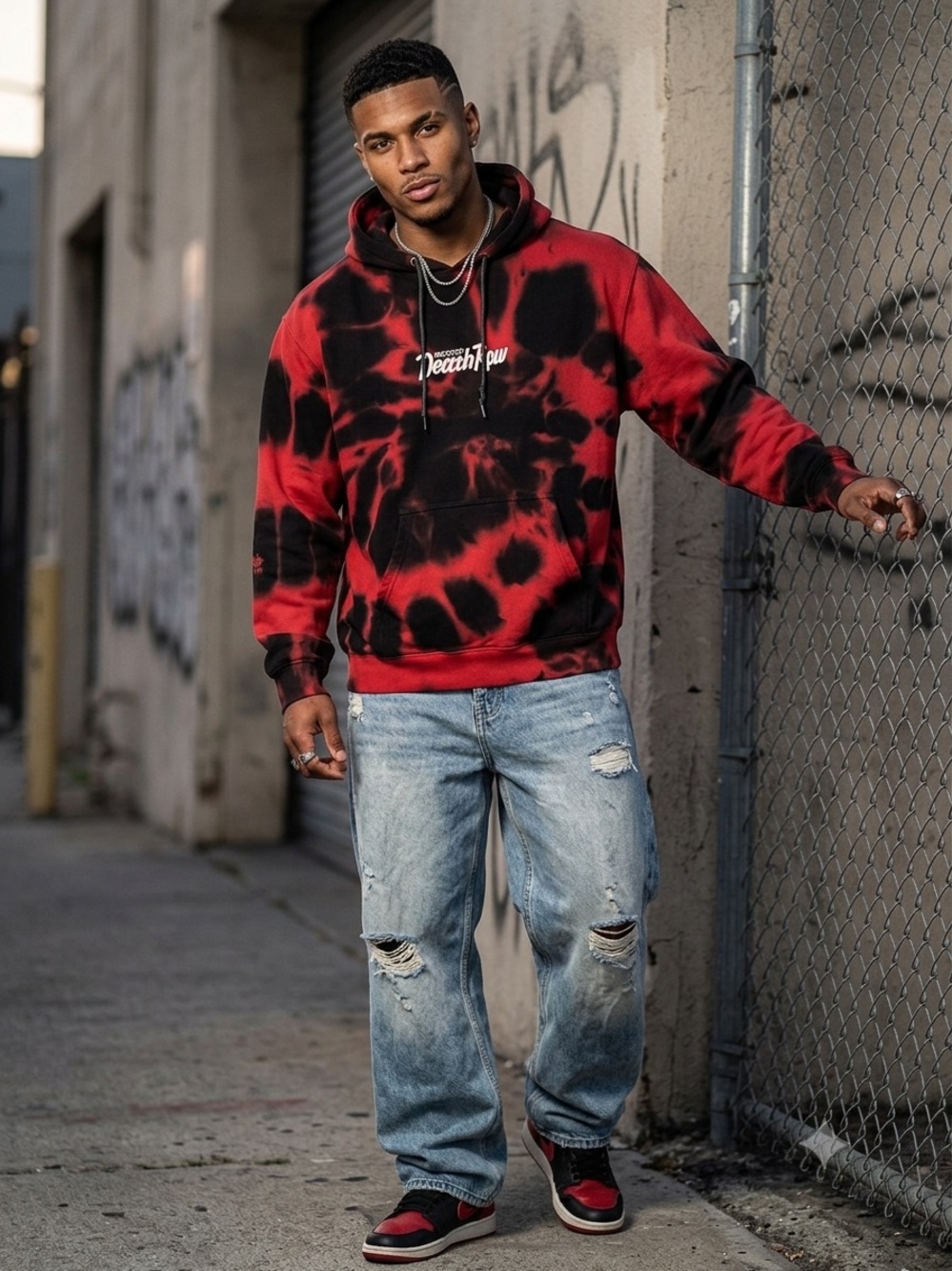 Death Row Records RARE Red & Black Tie-Dye Pullover Hoodie, Y2K, Streetwear EUC